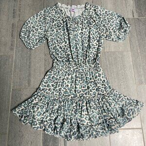 Buddy Love Ray Elastic Waist Short Sleeve Mini Dress Green Leopard Print Size M